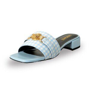 Versace Women's Blue Leather Gold Medusa Sandals Flip Flop Shoes US 7 IT 37